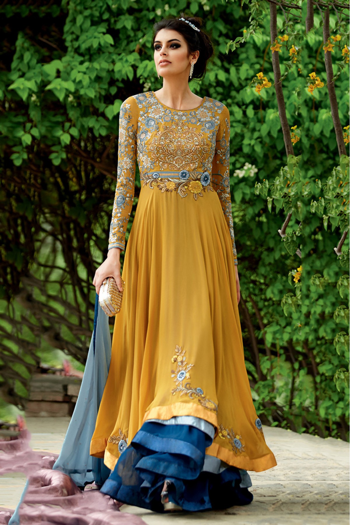 Partywear Floral Anarkali Gown : Raw Silk Designer Unstitched Anarkali