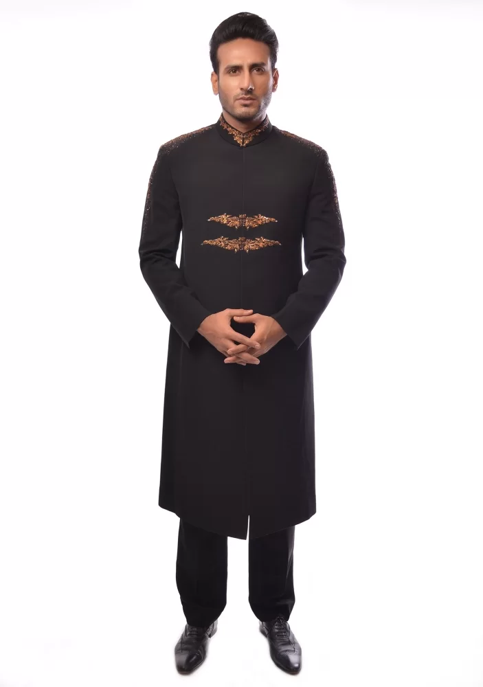 Aamir Adnan Black suiting straight cut sherwani 2017 20k